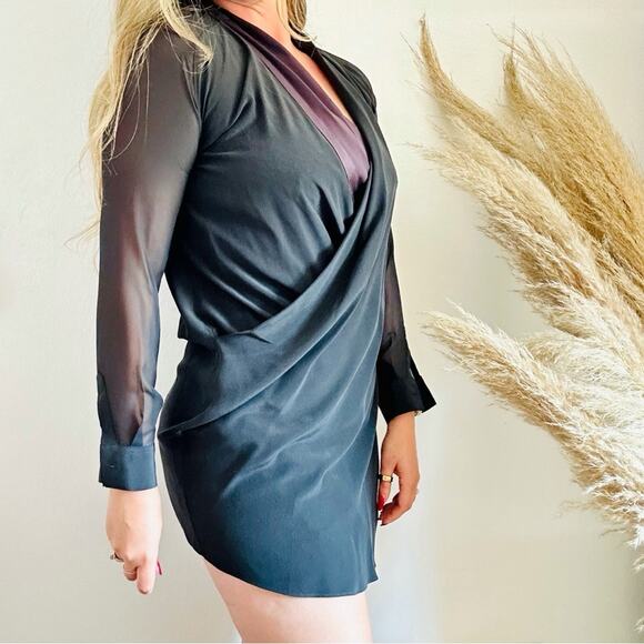 ALLSAINTS Black LBD Long Sheer Sleeve Silk Panel Asymmetrical Ruche Mini Dress 6 - Picture 7 of 13